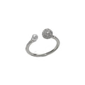 Open-end pearl ring with round zircon stones and thick gold plating in geometric shape design