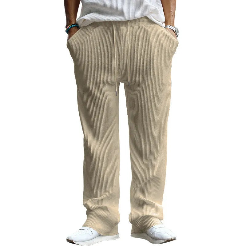 Men's high-waisted straight leg casual trousers in loose fit showing four colour options