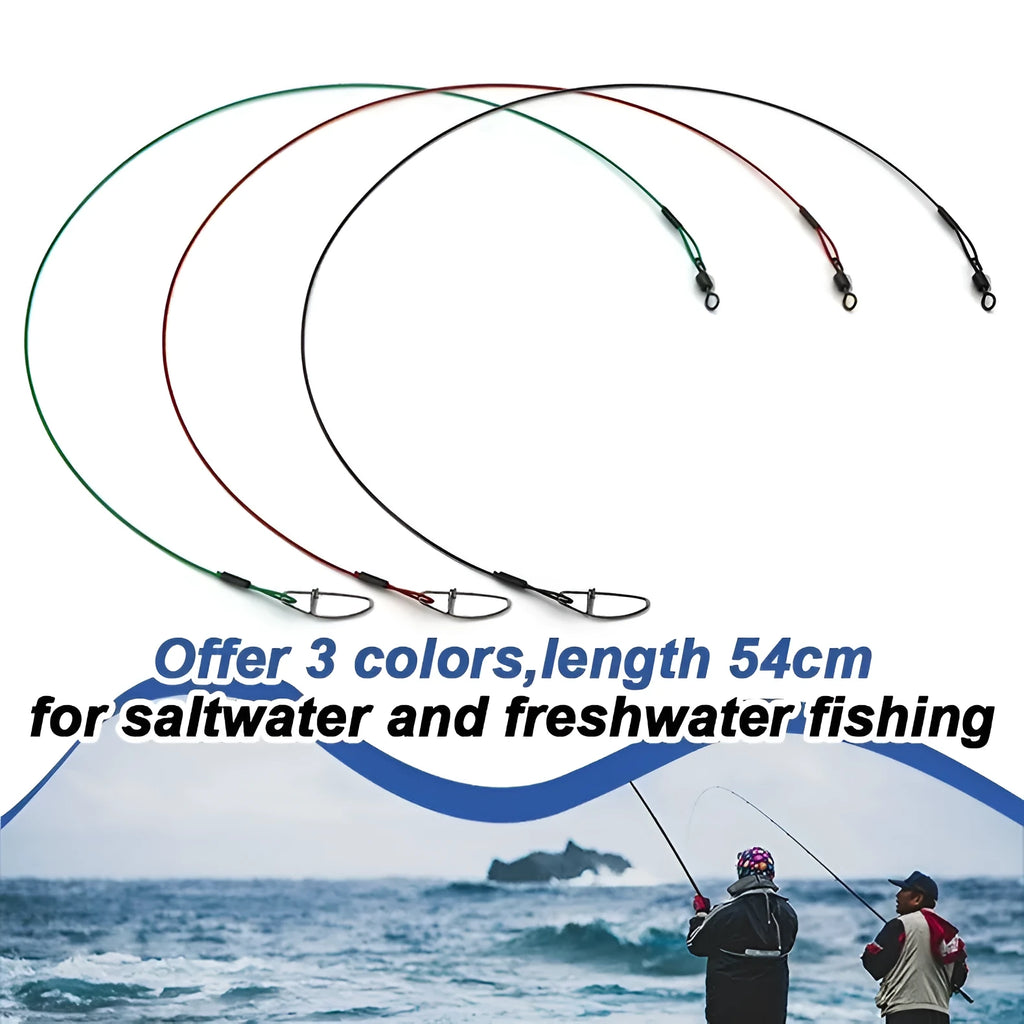 Anti-bite steel wire fishing gear accessories in green, black, and red colours with double buckle pins