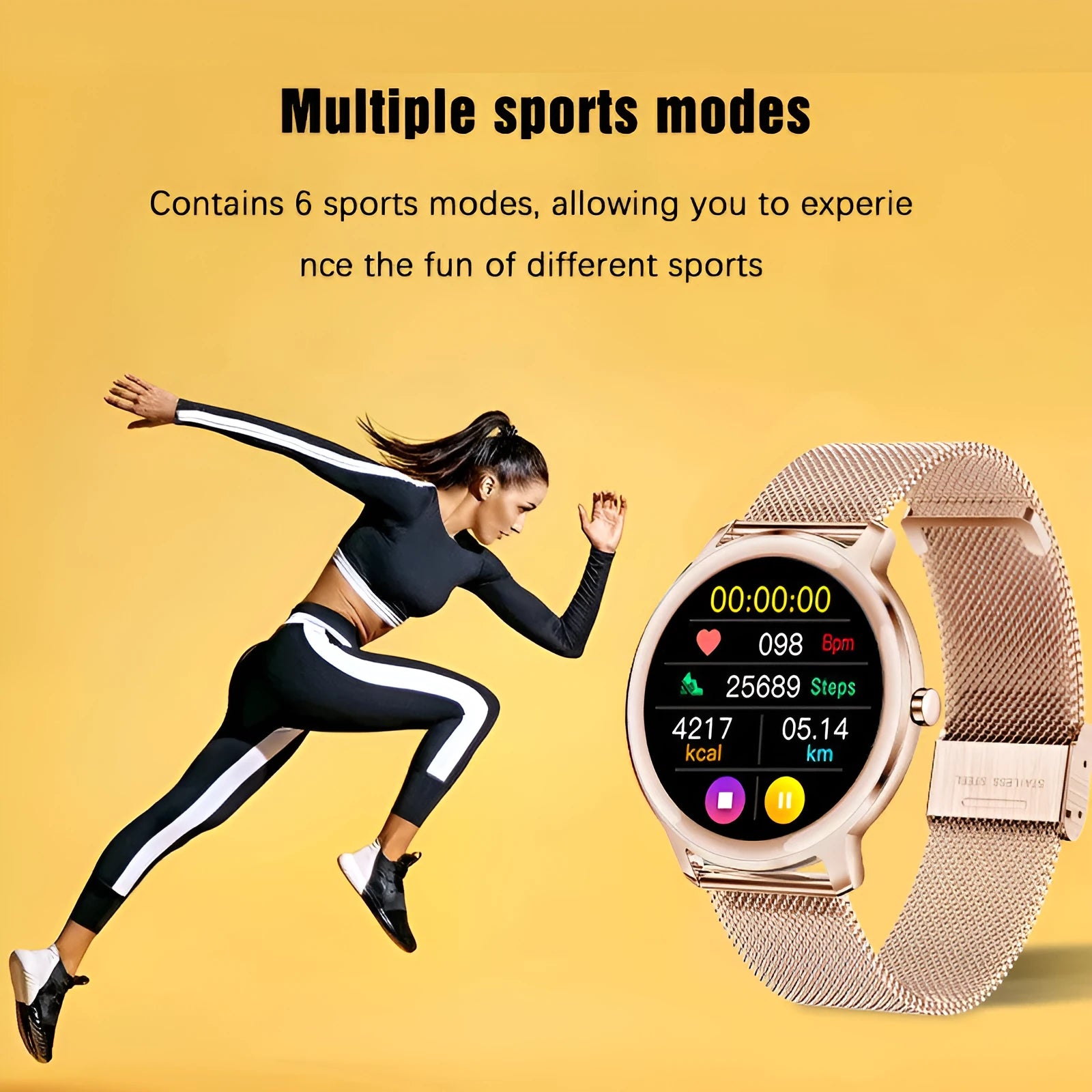 Women's Bluetooth smart watch with stainless steel wristband and 1.3 inch touch screen display
