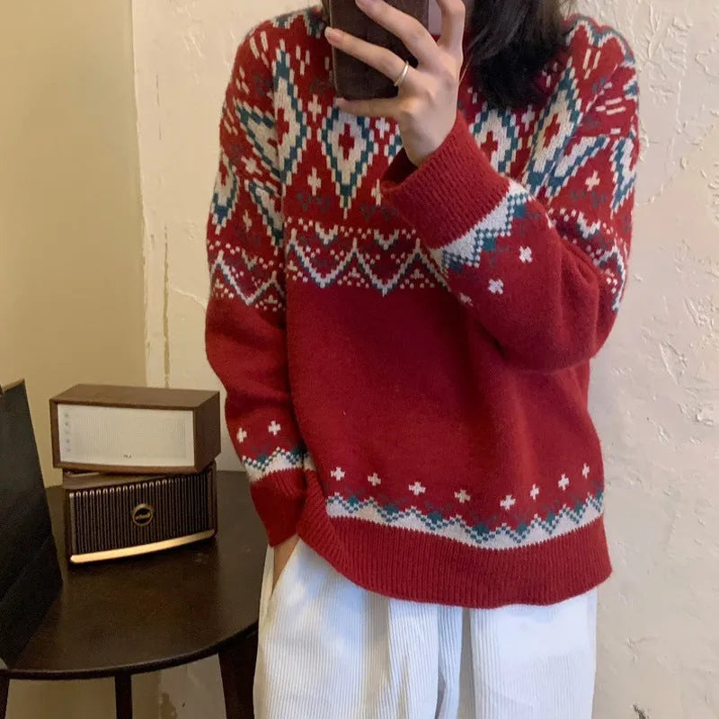 Red and white striped retro pullover knitted top with long sleeves