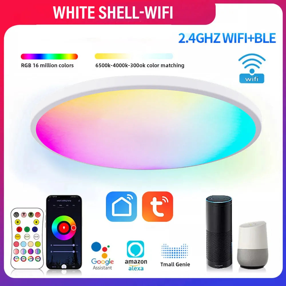 Black and white versions of a round RGBCW smart Bluetooth ceiling lamp with full colour and dimming control.