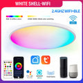Black and white versions of a round RGBCW smart Bluetooth ceiling lamp with full colour and dimming control.