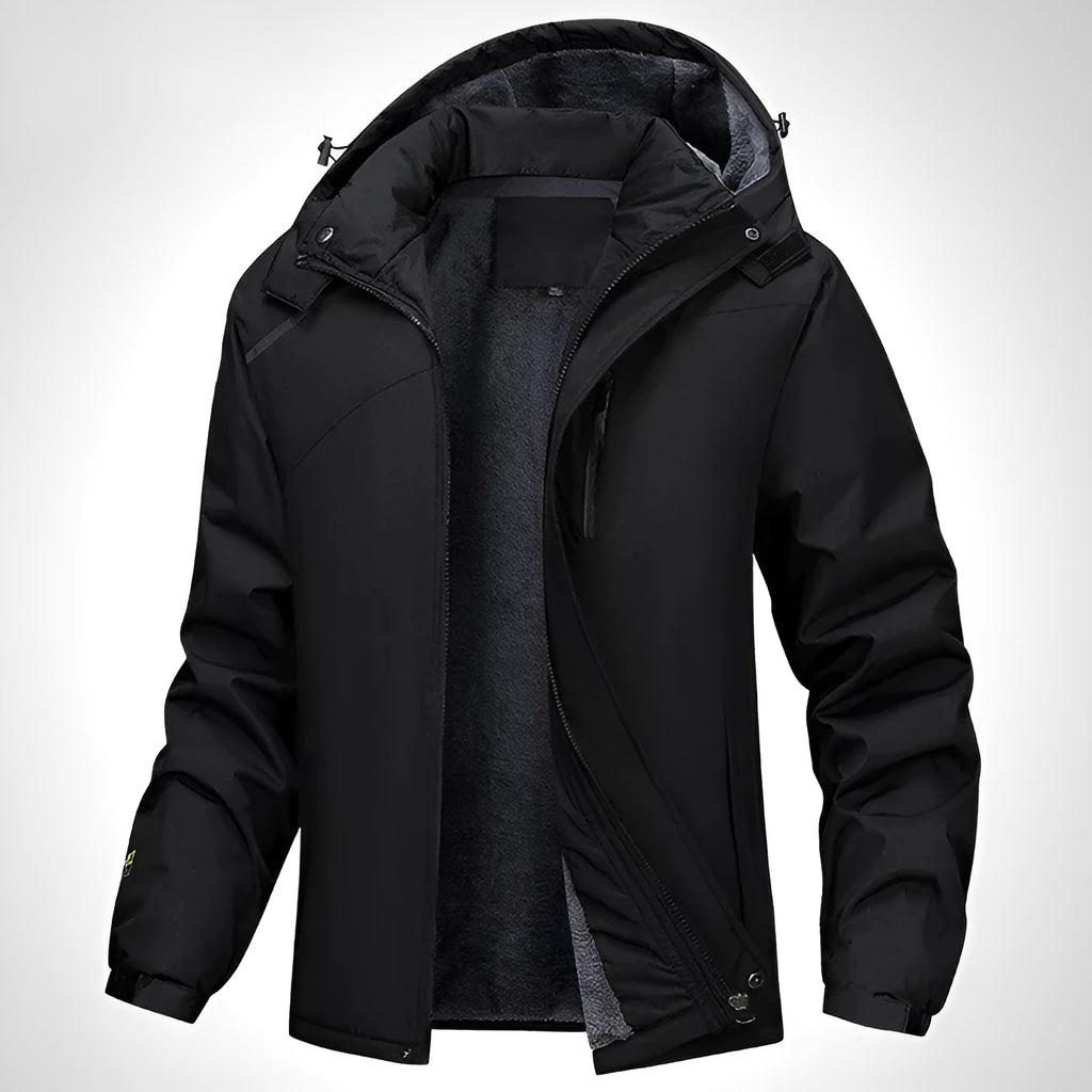 Men's plus size waterproof hooded coat in army green, shown on a model for fit.