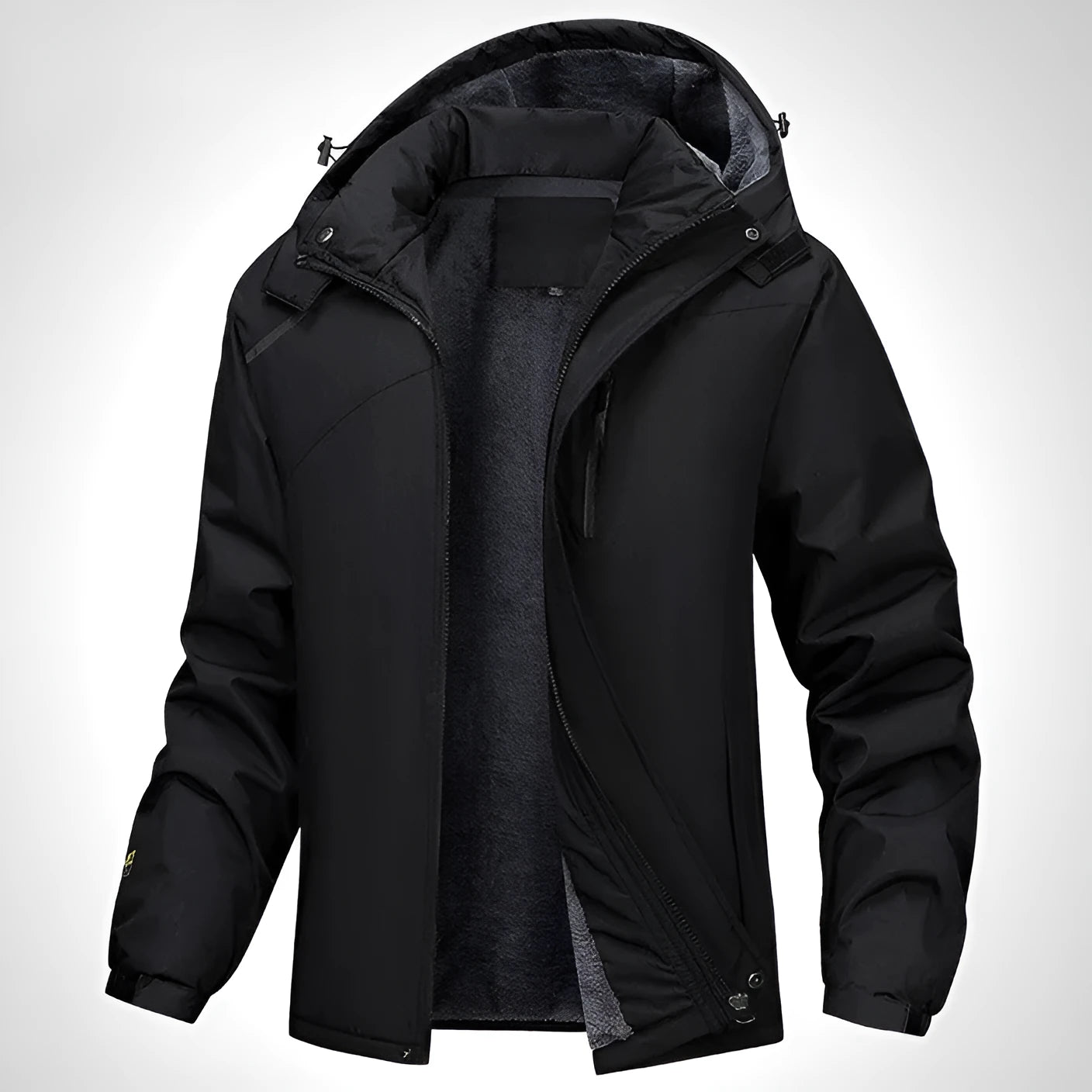 Men's plus size waterproof hooded coat in army green, shown on a model for fit.
