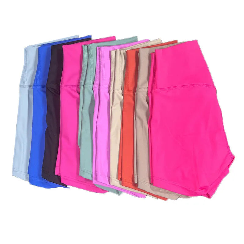 Ladies high waist yoga shorts in nylon fabric available in multiple colours