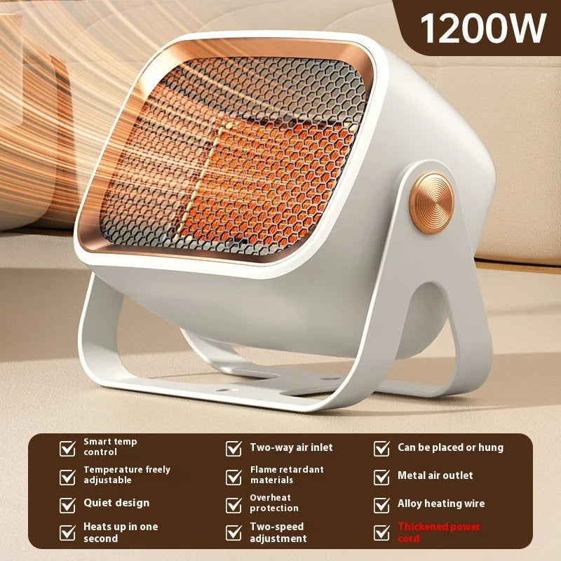 Compact desktop PTC ceramic heater in grey colour with control buttons and air vent