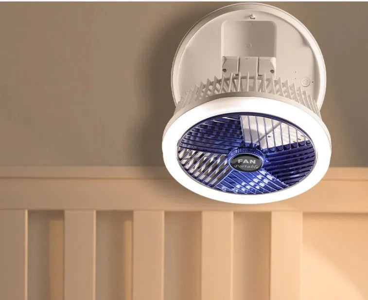 Blue or grey USB charging foldable table fan with LED light in desk, wall, ceiling or hanging configuration
