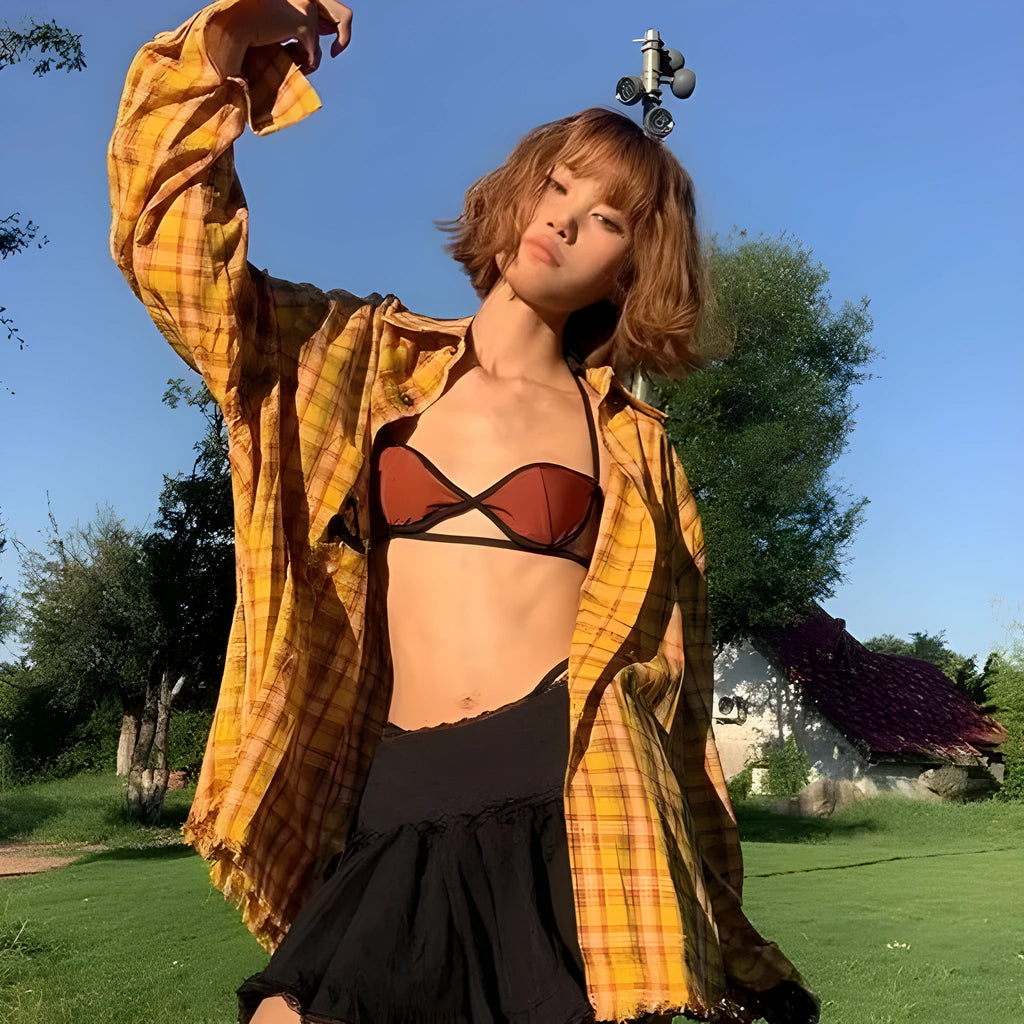 Dopamine yellow plaid shirt with original American design in loose fit cardigan style