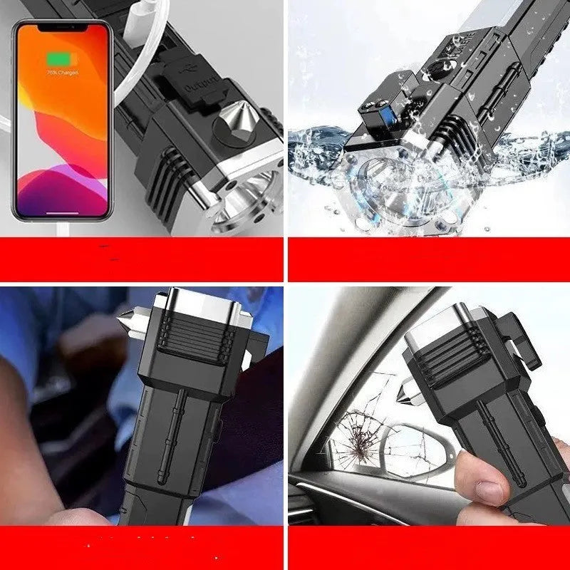 Silver coloured portable LED emergency work light and power bank with strong beam flashlight.