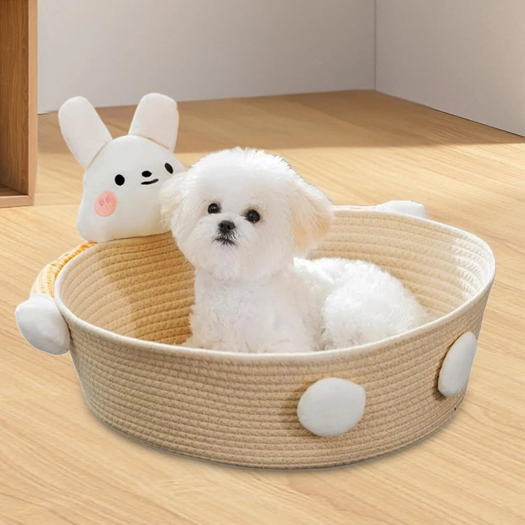 Woven cotton rope cat bed basket with integrated scratching pad in three size options