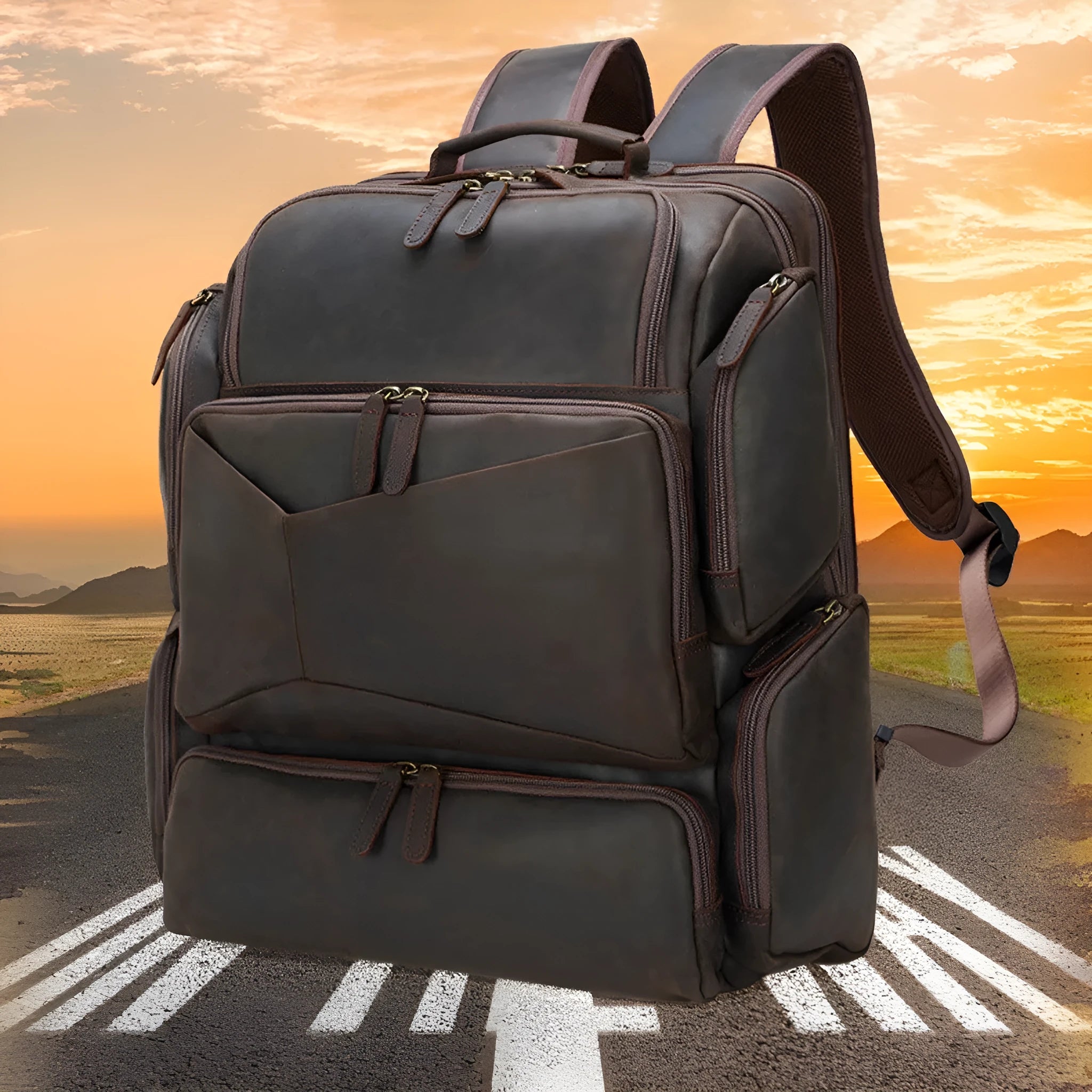 Dark brown retro genuine leather backpack for men, open to show laptop compartment and internal organisers.