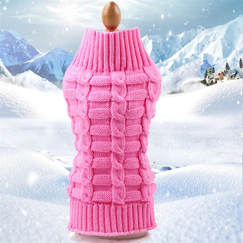 Blue cashmere twisted rope dog sweater on a mannequin showing chest and back length sizing.