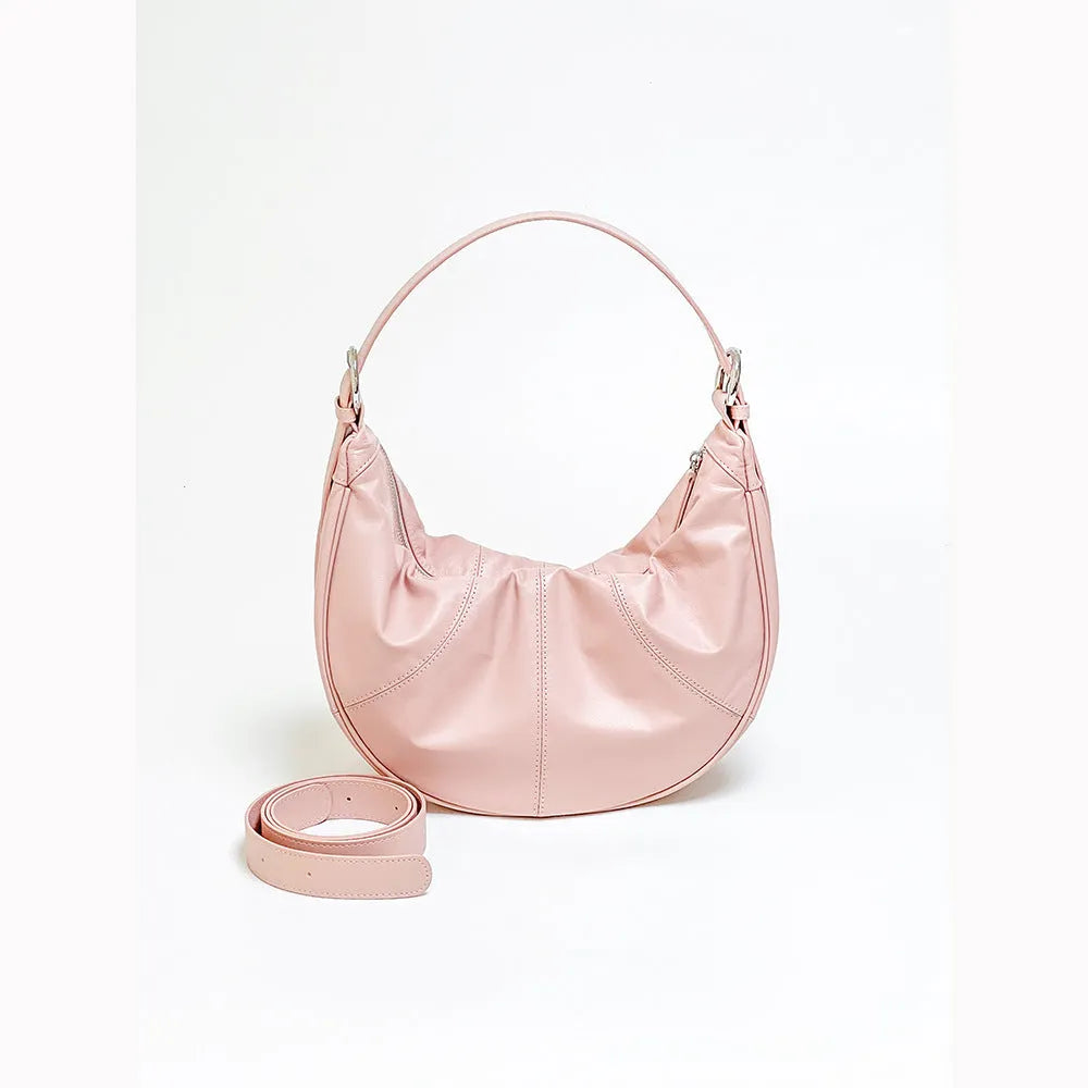 Women's first layer cowhide leather dumpling shape shoulder bag in black, pink, silver or white colours