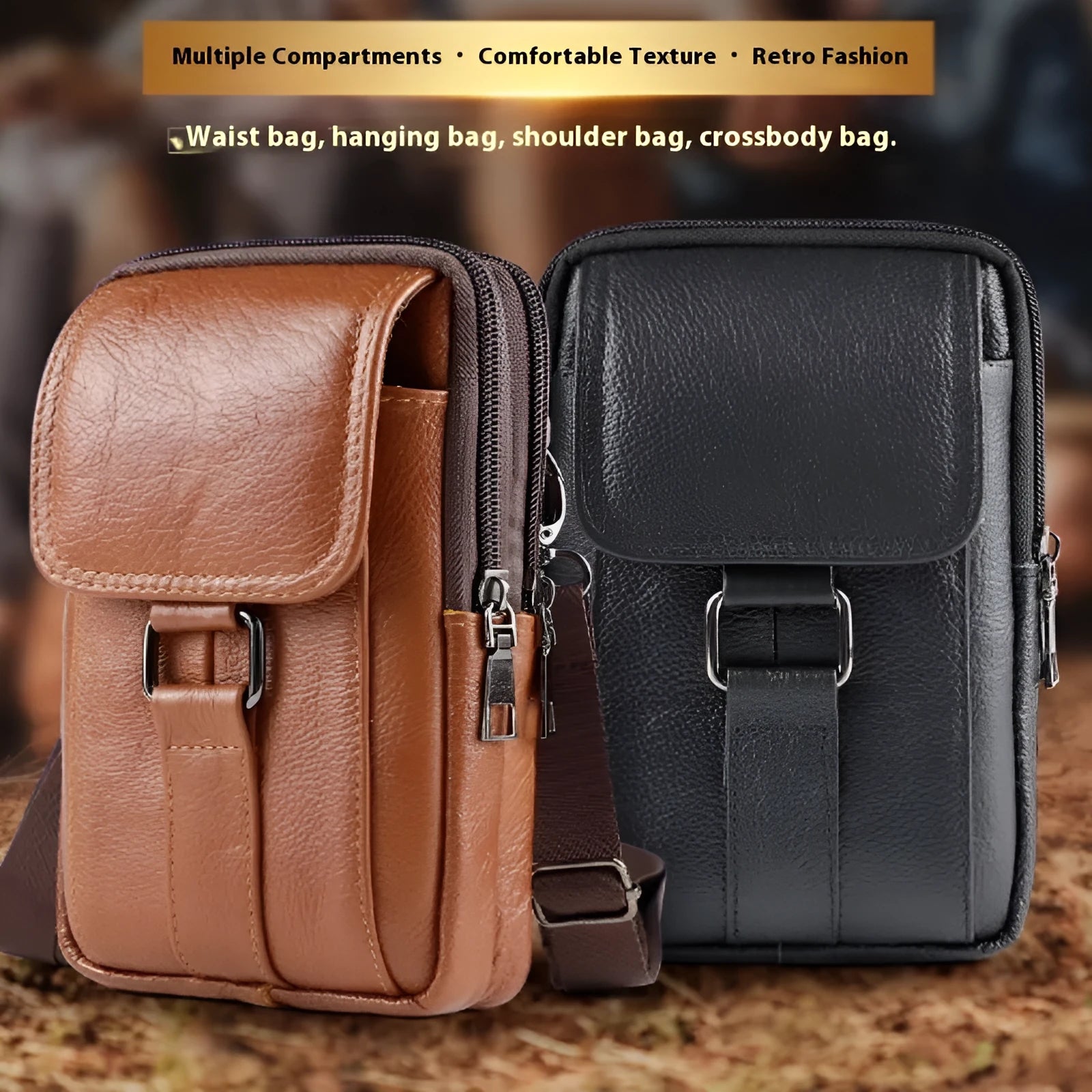Men's genuine leather waist bag with metal lock in vertical square design