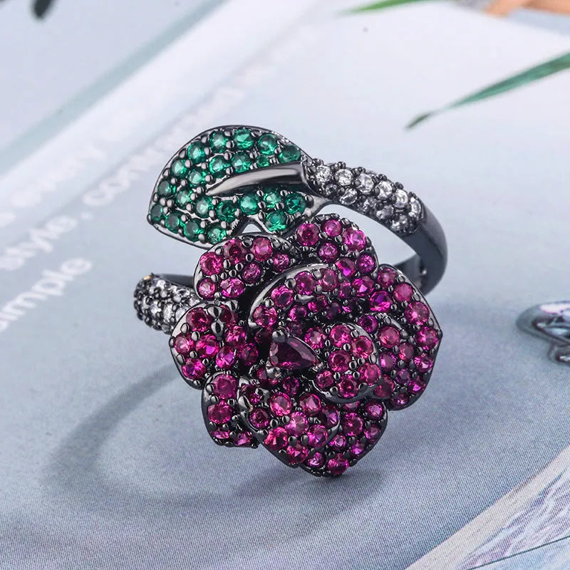 Black gold geometric ring with red corundum stones, female fashion jewellery