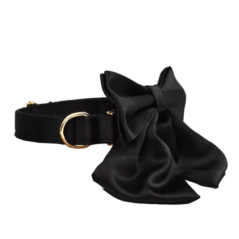 Cloth fabric dog walking set with collar, chest harness, leash and decorative bow accessory