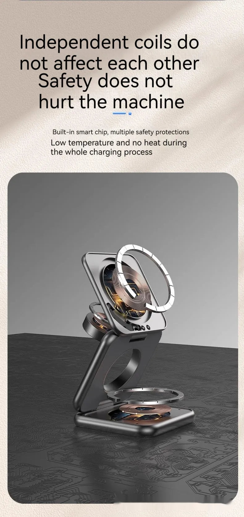 Foldable magnetic wireless charging phone holder in black on a desk