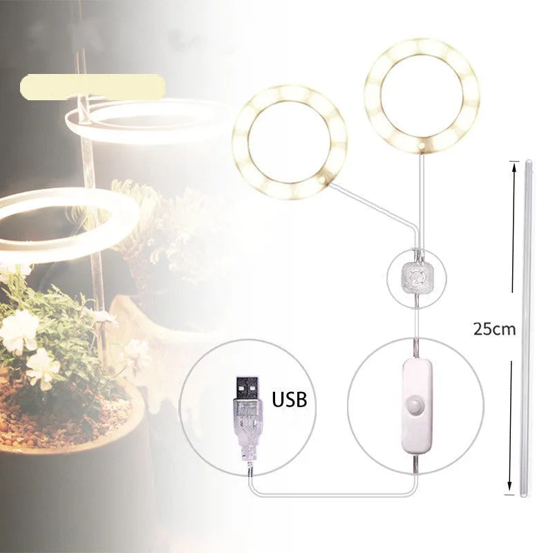 USB-powered LED plant grow light with acrylic stick in pink/white or yellow.