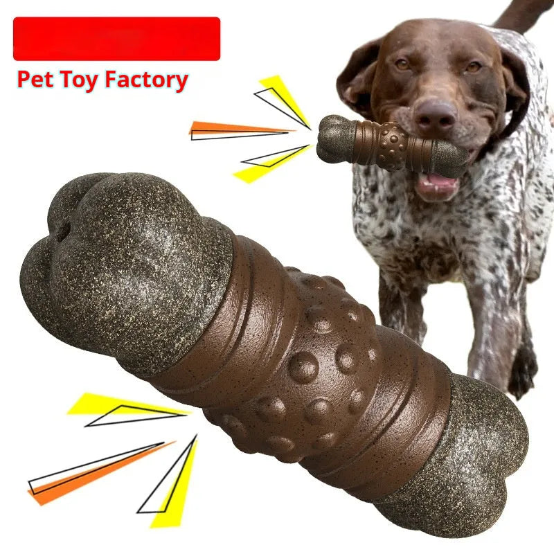 Wood colour dog molar rod chew toy with sounding bone design for dental cleaning