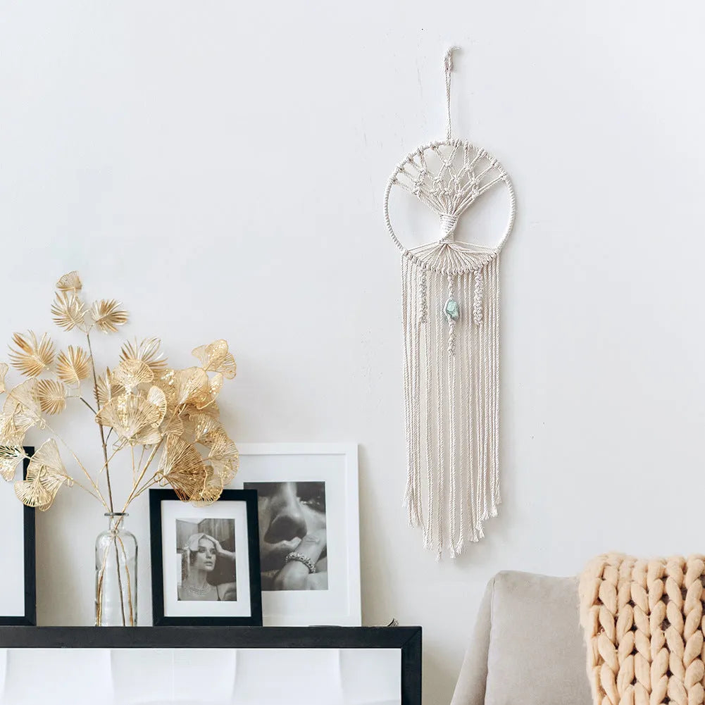 Handmade dream catcher tree tapestry in natural cotton rope, rectangular 73x18cm, European style wall hanging