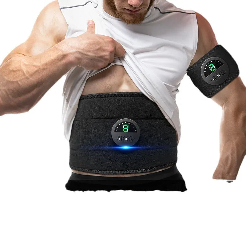 LCD display abdominal fitness belt for waist shaping and exercise, shown with USB charging cable.