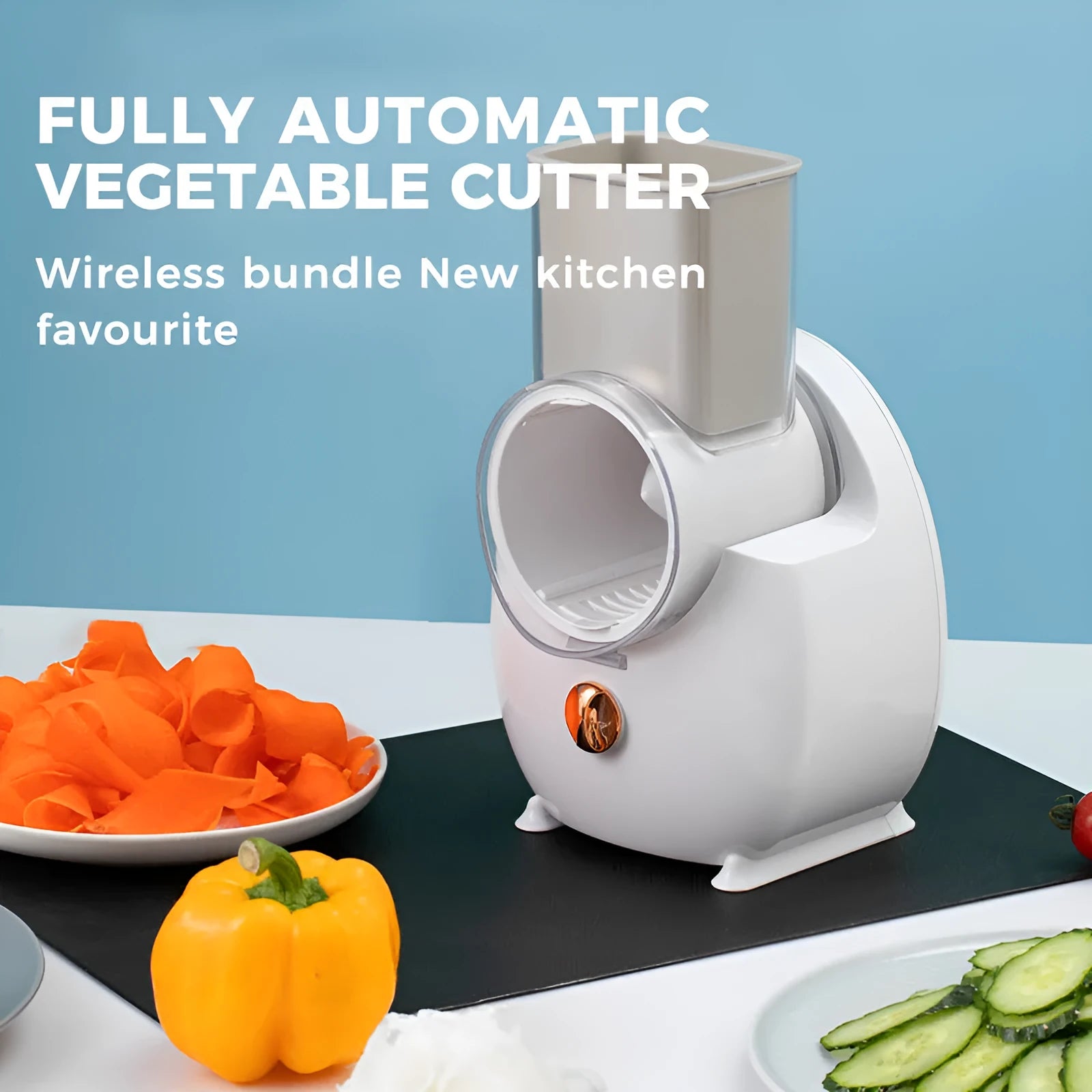 White electric vegetable slicer with rotary grater, feeding port, and three blade pairs on kitchen counter