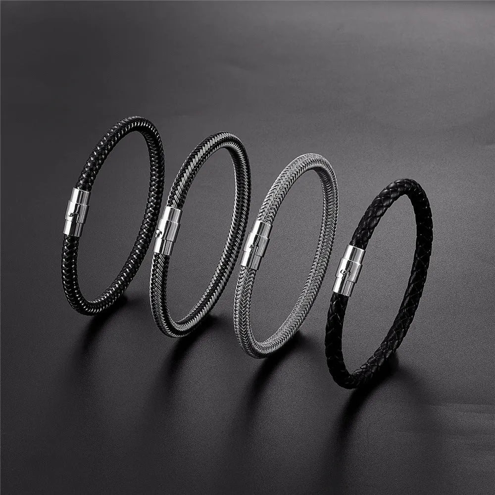 Titanium steel geometric wire bracelet with a magnetic clasp shown on a wrist.