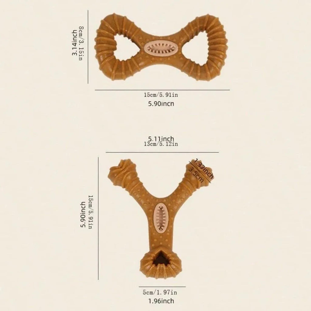 Durable rubber dog chew bone toy for teeth cleaning and play, shown in 8 shape and Y shape options.