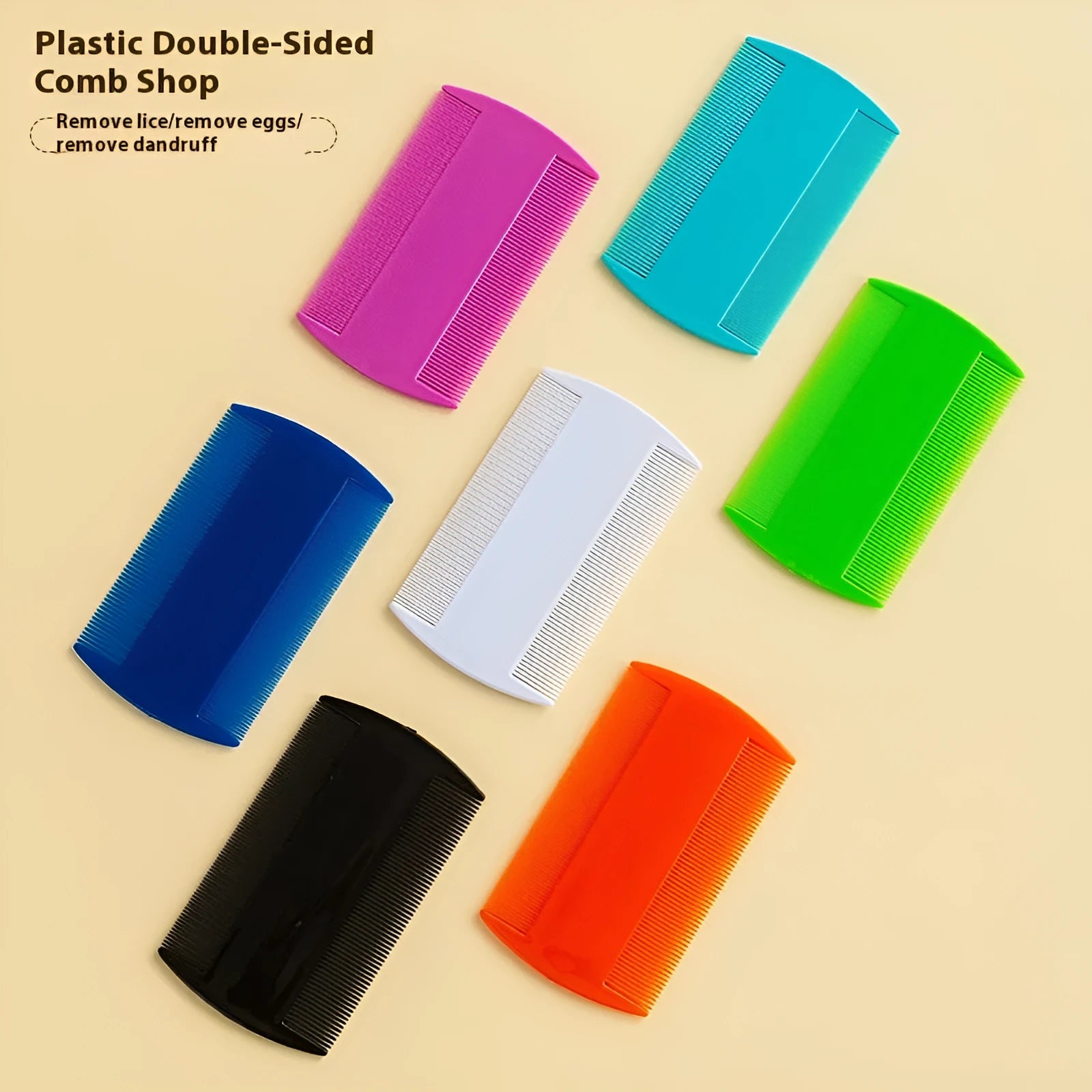 Double-edged fine teeth plastic comb for lice and flea removal in white, shown on a blue background.