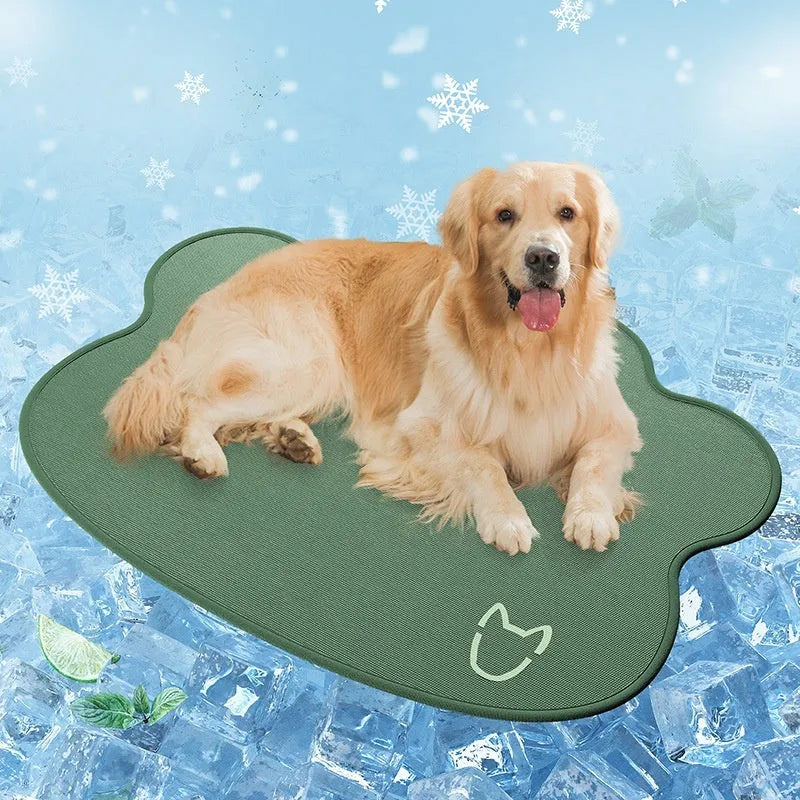 Ice silk dog cooling mat in light grey with a simple dog head shape, showing non-slip base.