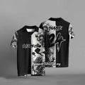 Black loose fit t-shirt with 3D digital printing design, short sleeves, available in sizes S through 6XL