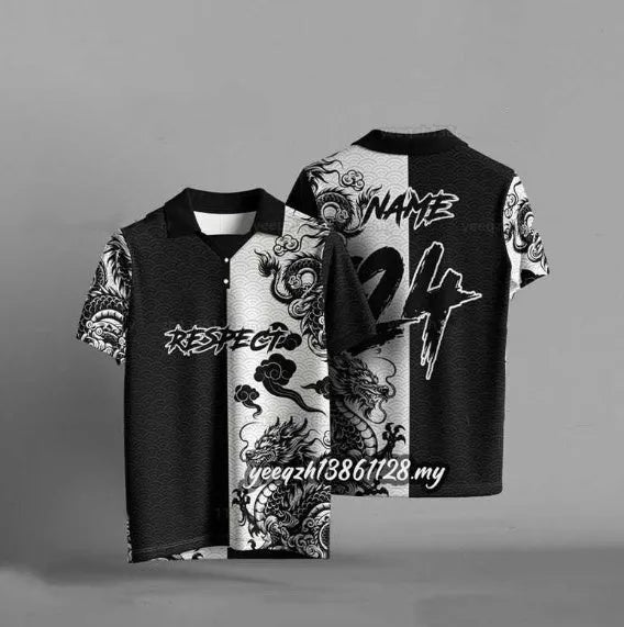 Black loose fit t-shirt with 3D digital printing design, short sleeves, available in sizes S through 6XL