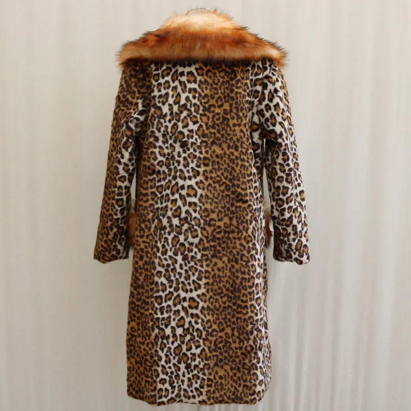 Women's long artificial fur jacket in leopard print, showing front view with regular sleeves.