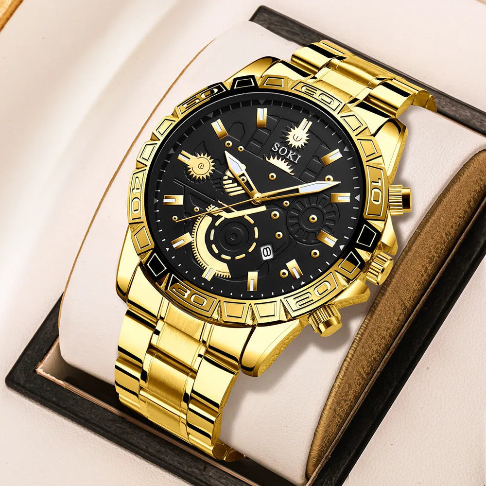 Gold-coloured men's stainless steel quartz watch with business styling and 10mm thickness