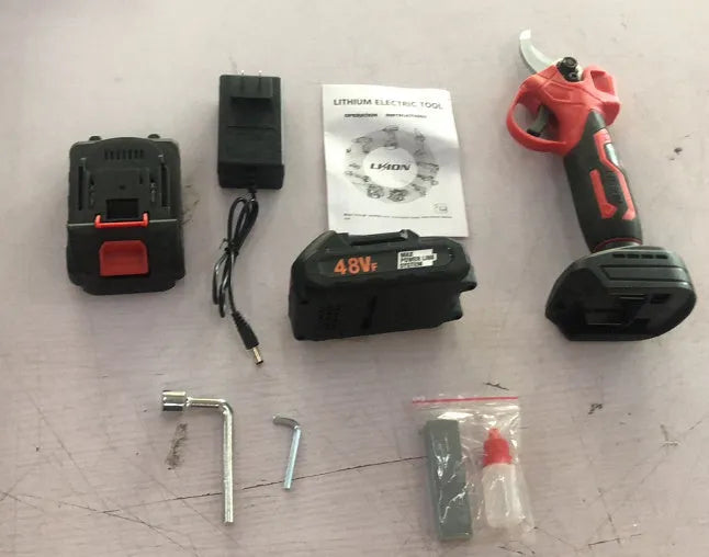 Cordless electric pruning shears with two lithium batteries and charger in a plastic storage case.