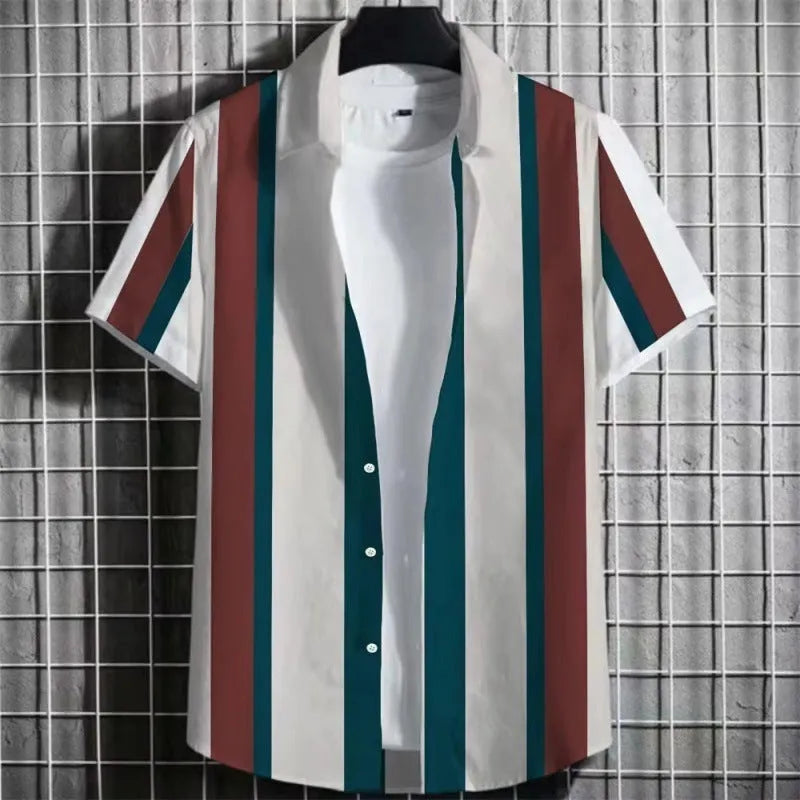 Men's striped linen short sleeve t-shirt with 3D printing texture, laid flat.