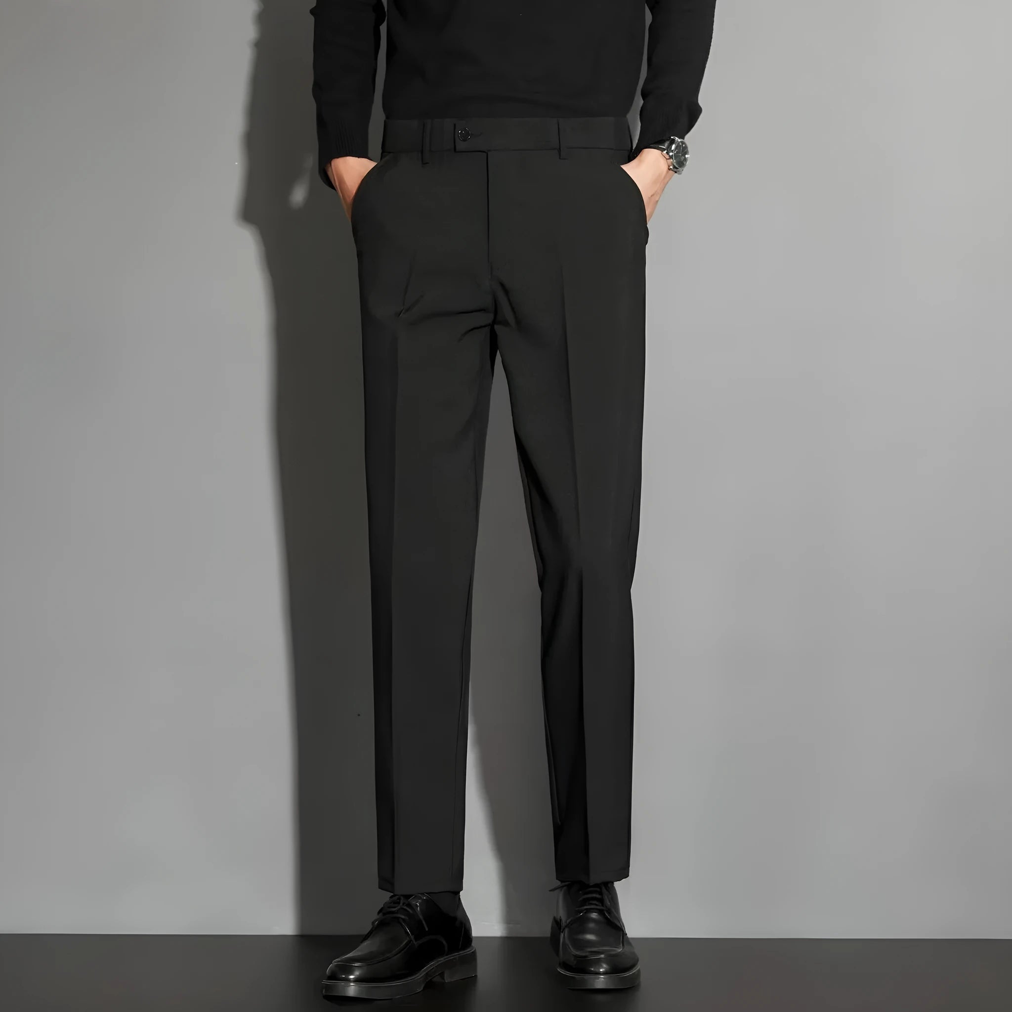 Men's straight leg suit trousers in chemical fibre blend with spring draping effect, shown in apricot colour