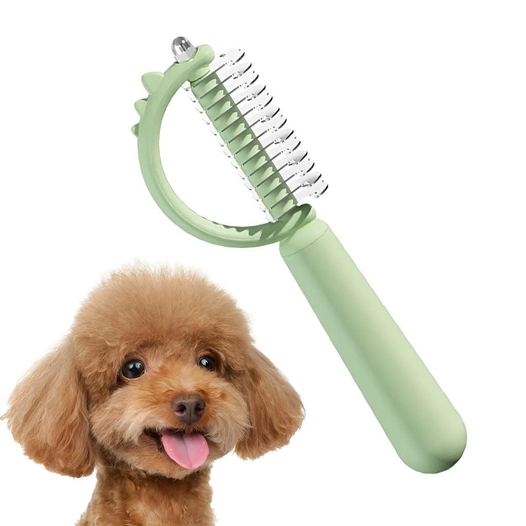 Blue dinosaur-shaped pet brush with a self-cleaning button and double-sided stainless steel bristles.