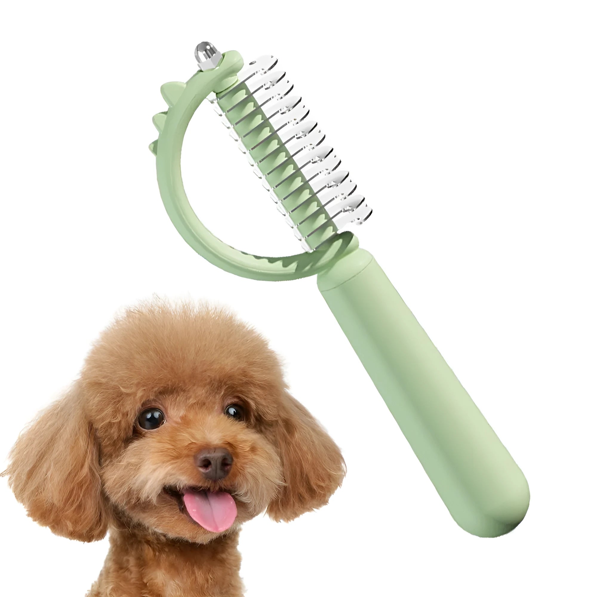 Blue dinosaur-shaped pet brush with a self-cleaning button and double-sided stainless steel bristles.