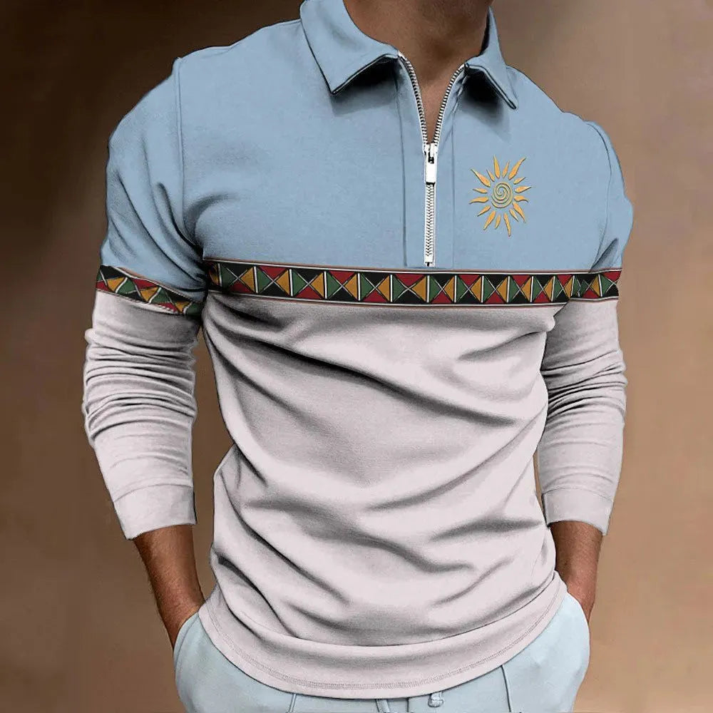 Men's loose fit long sleeve t-shirt with retro colour printing and stripes in golf top style