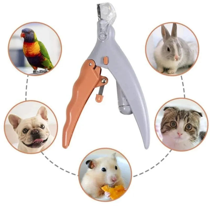 Yellow pet nail clipper with built-in LED light and magnifying window for trimming dog or cat nails.