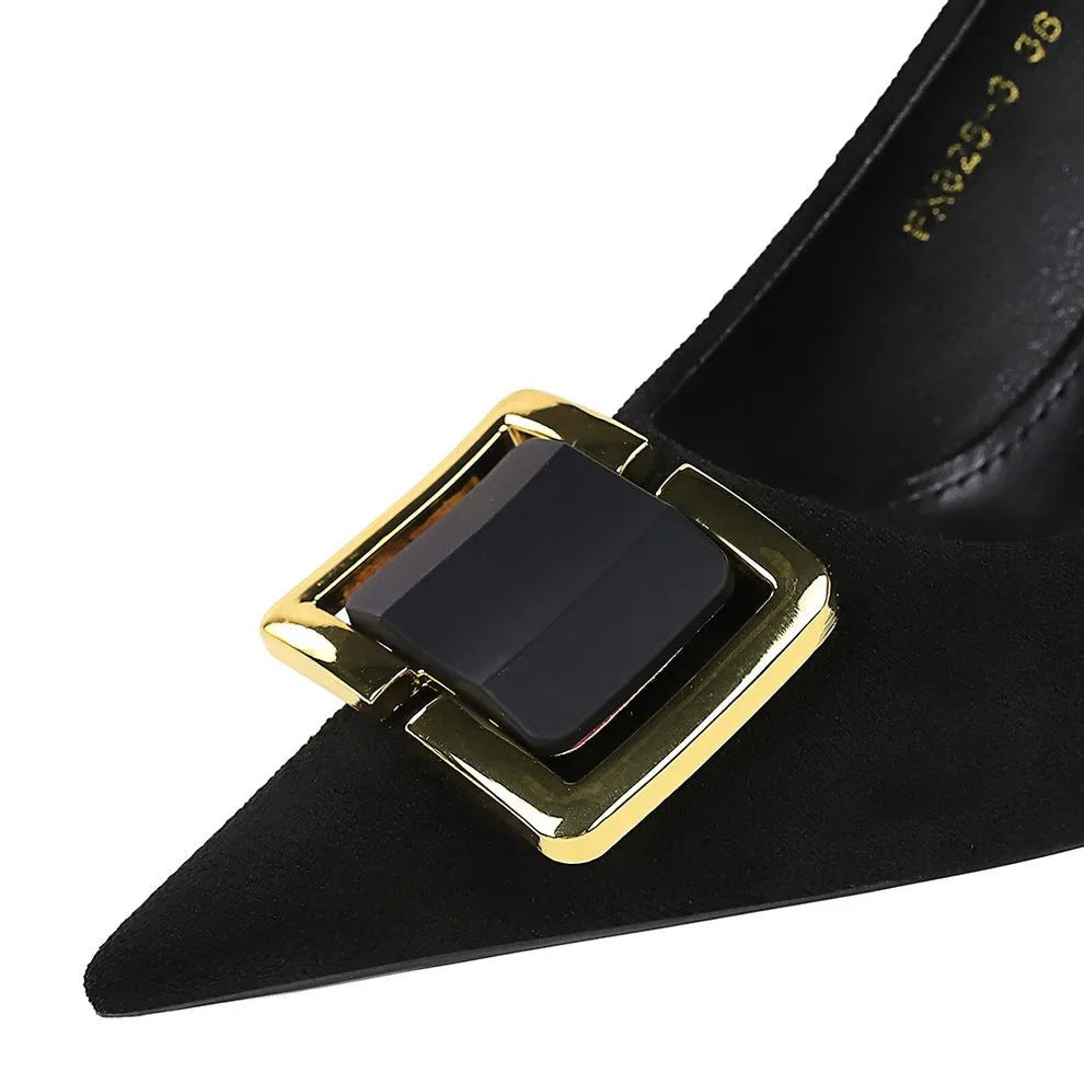 Black suede women's stiletto high heels with 9cm heel and shallow mouth cutout design