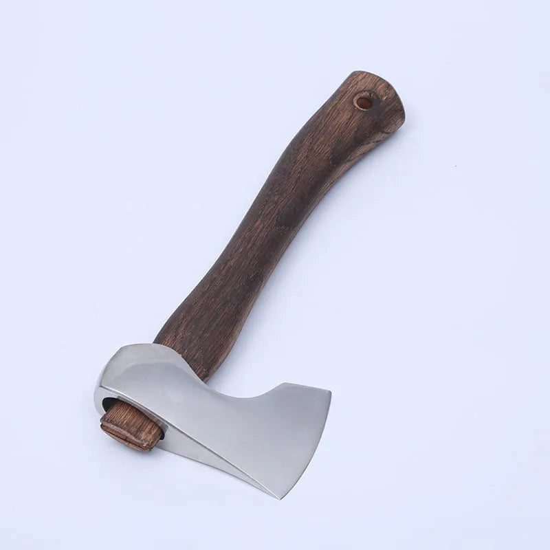 Camping axe with high carbon steel head and wooden handle for outdoor use