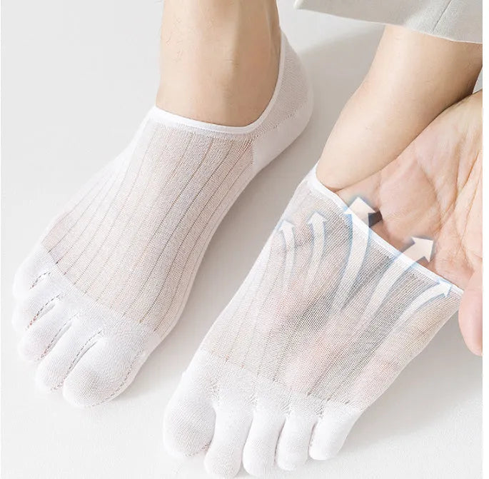 Ultra-thin modal cotton five-finger boat socks in black, shown on a foot.