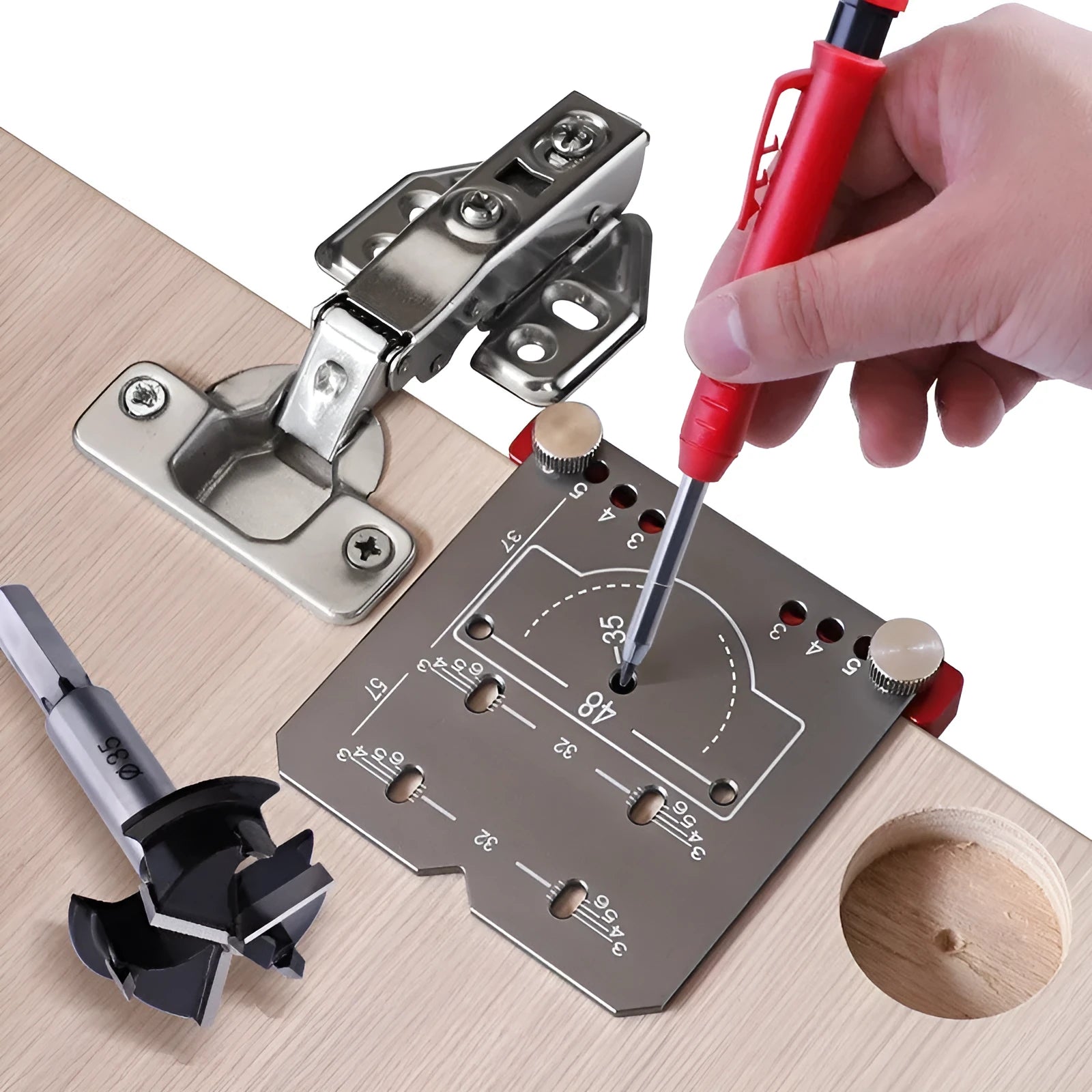 35mm hinge punch locator with adjustable margin marks and hard alloy tapper blade for cabinet installation
