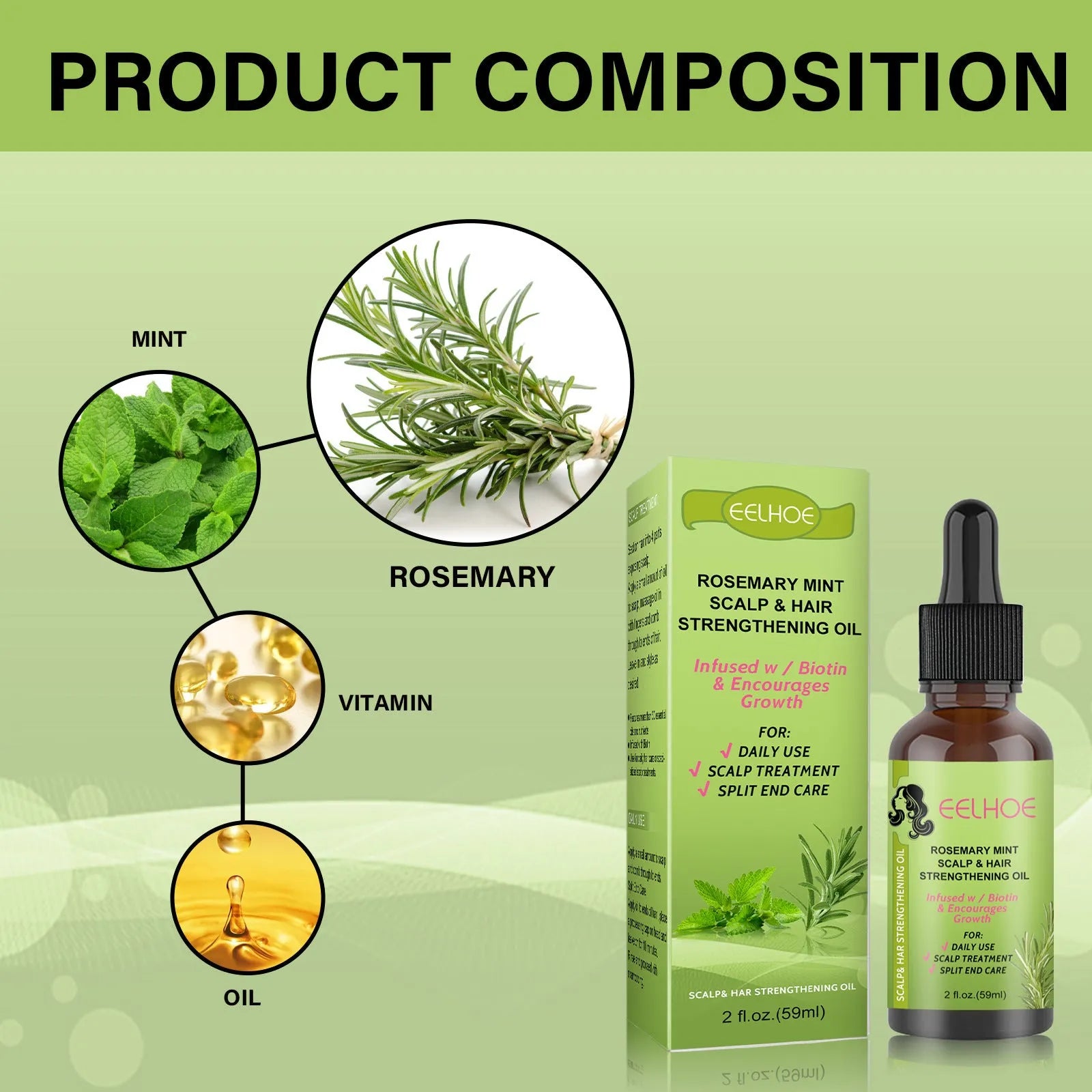 59ml bottle of rosemary mint hair growth fluid for scalp massage and treatment