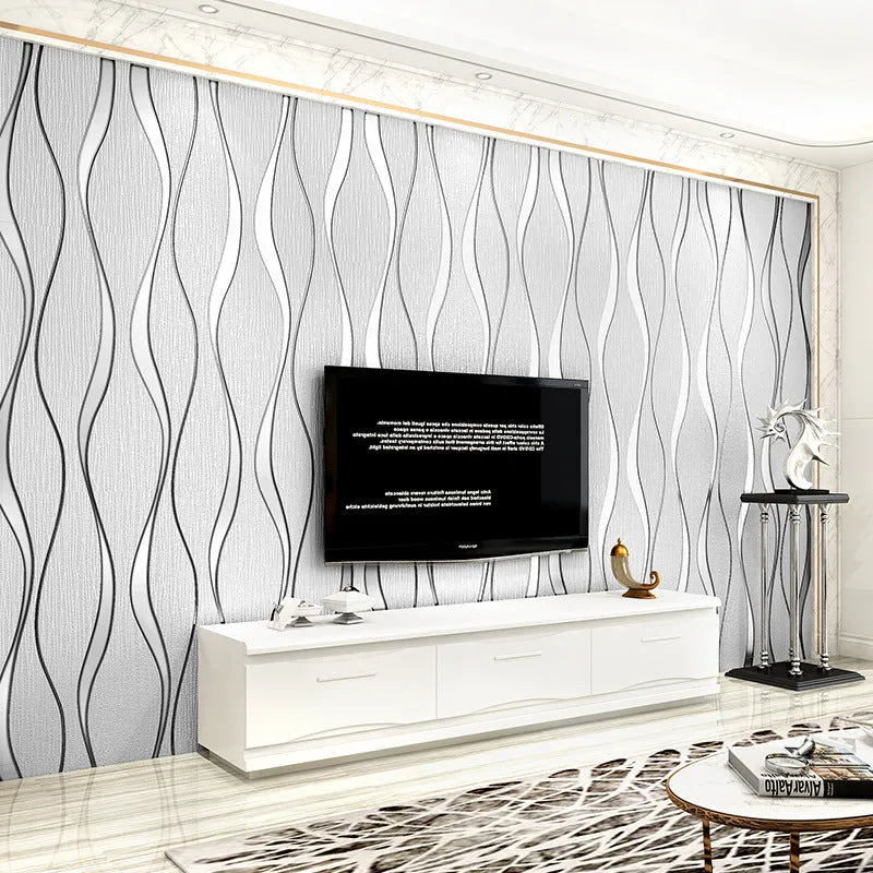Close-up of dark brown curve stripe 3D textured wallpaper with deerskin velvet finish