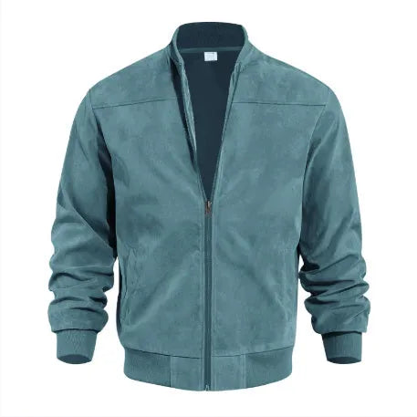 Men's plus size casual suede zip jacket in army green shown on a model