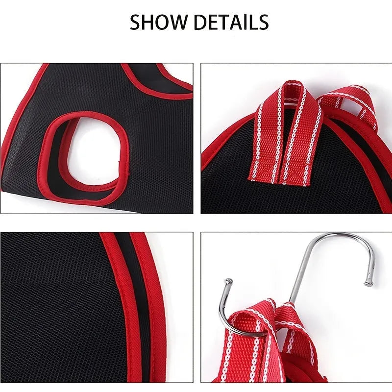 Pet grooming hammock restraint bag hanging for cat or dog nail clipping and bath time.